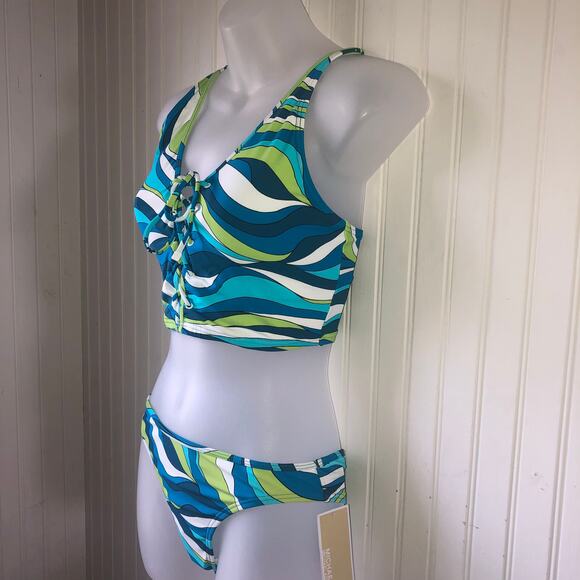 MICHAEL KORS Retail $180 Blue Swirl Lace Up Longline 2 Piece Bikini Size Small - Picture 3 of 6
